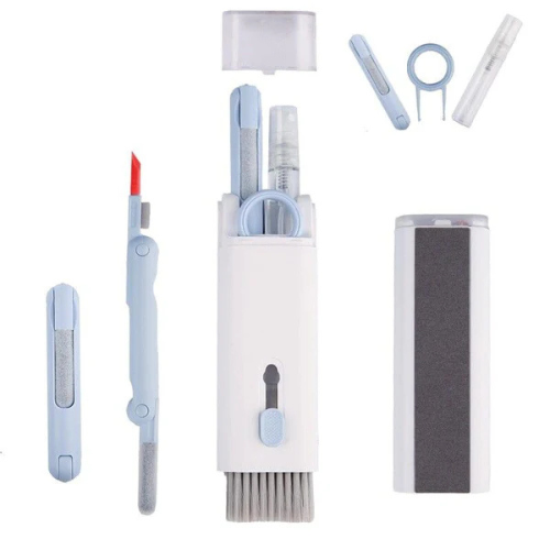 Kit 7 em 1 de escovas de limpeza para teclado, fone e celular na cor azul, com acessórios multifuncionais.