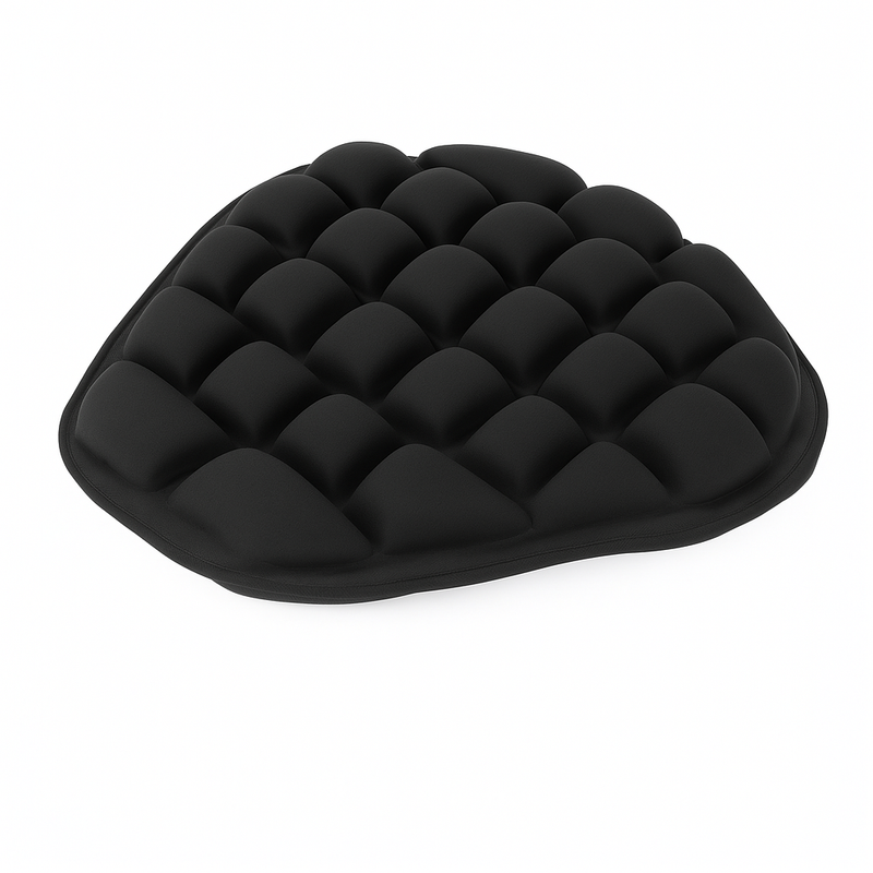 Almofada ergonômica para assento de motocicleta na cor preta, com design em espuma para conforto e alívio de impacto