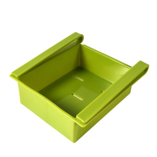 Caixa organizadora ajustável verde para geladeira, ideal para organizar alimentos e itens diversos.
