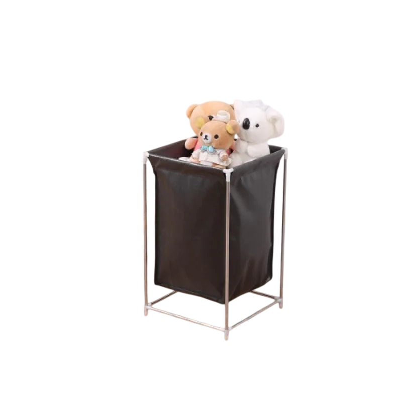 Cesto organizador preto com bichos de pelúcia, ideal para brinquedos ou uso infantil