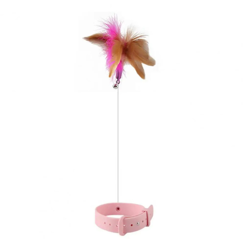 Coleira rosa com haste e penas coloridas para gatos, brinquedo interativo para estímulo e diversão - Rosa