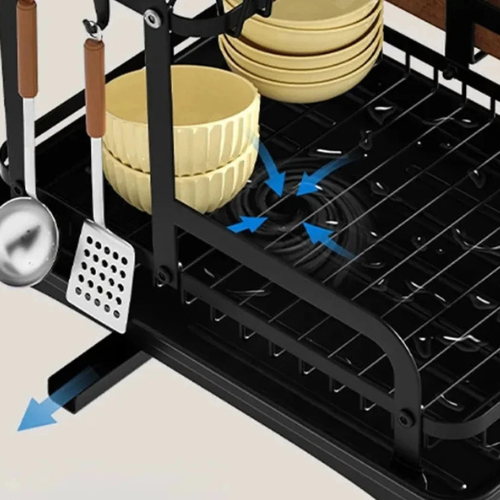 Destaque para o sistema de drenagem automática e suporte lateral para utensílios de cozinha no escorredor de louças.