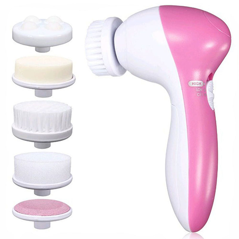 Escova facial rosa com cinco cabeçotes alinhados para funções de limpeza, massagem e esfoliação