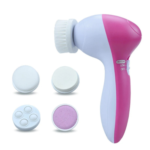 Escova facial rosa com cinco acessórios para limpeza profunda e esfoliação
