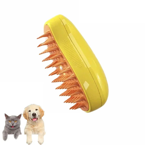 Escova a vapor amarela com cerdas laranja, mostrada de lado com ícones de um gato e um cachorro.