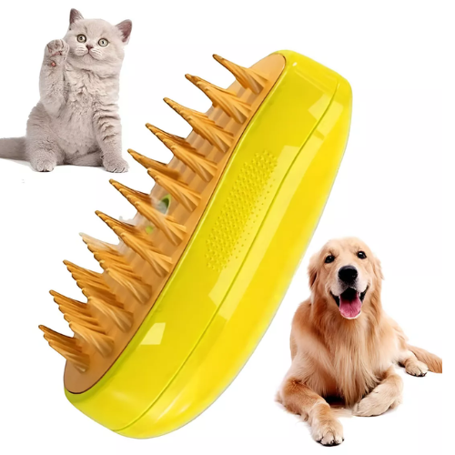 Escova a vapor 3 em 1 com cerdas massageadoras, ideal para gatos e cachorros, com os pets ilustrados ao fundo.
