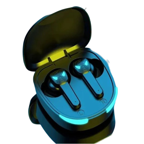 Fones Bluetooth iluminados com luzes LED azul em ambiente escuro