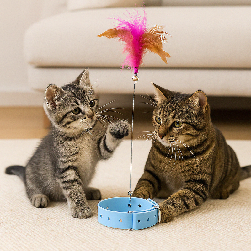Dois gatos brincando com coleira interativa azul com haste e penas coloridas sobre carpete claro