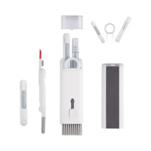 Kit 7 em 1 para limpeza de teclado, fones e celular na cor branca, com ferramentas destacadas.