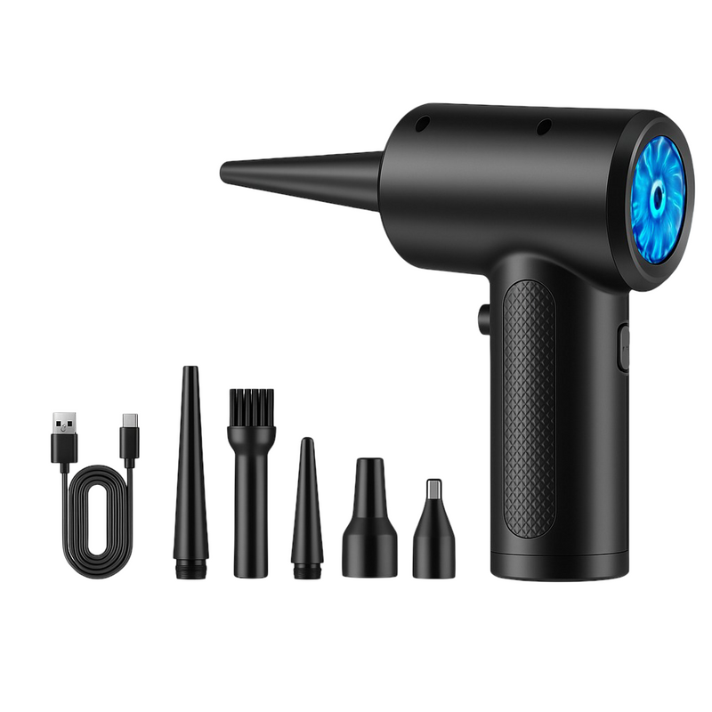 Soprador de ar elétrico portátil sem fio na cor preta com luz azul na parte traseira, acompanhado de cabo USB e seis bicos de diferentes formatos.